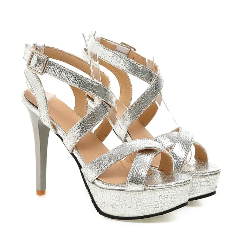 

LeShion Of Chanmeb Sexy Stiletto Heels Gladiator Sandals Ladies Gold Silver Party Shoes Summer Women Platforms Buckle Sandals 45