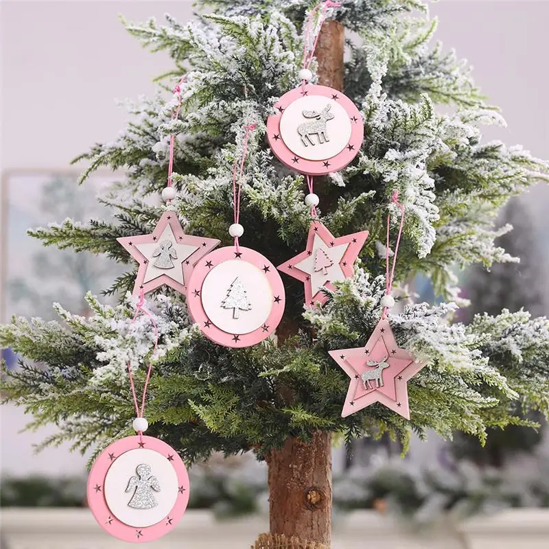 

Xmas New Year Christmas decorations Pink wooden five-pointed star pendant Creative DIY Christmas tree pendant elk Pendant FZ271