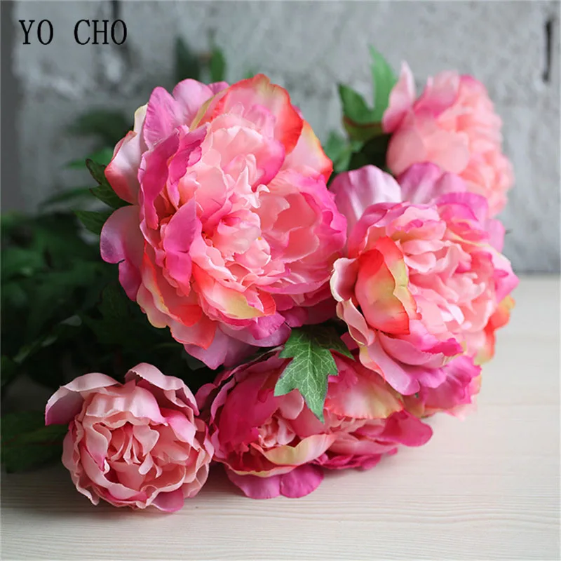 

YO CHO 6 Heads Vivid Big peony Artificial Flowers Bouquet Autumn Winter Peony White Silk Fake Flower Wedding Home Decor Flore