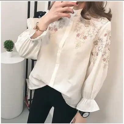 Korean Woman Blouse 2019 Long Lantern Sleeve Stand Collar Shirt Floral Embroidery Tops Kimono Causal Kawaii Blusas AF140 | Женская