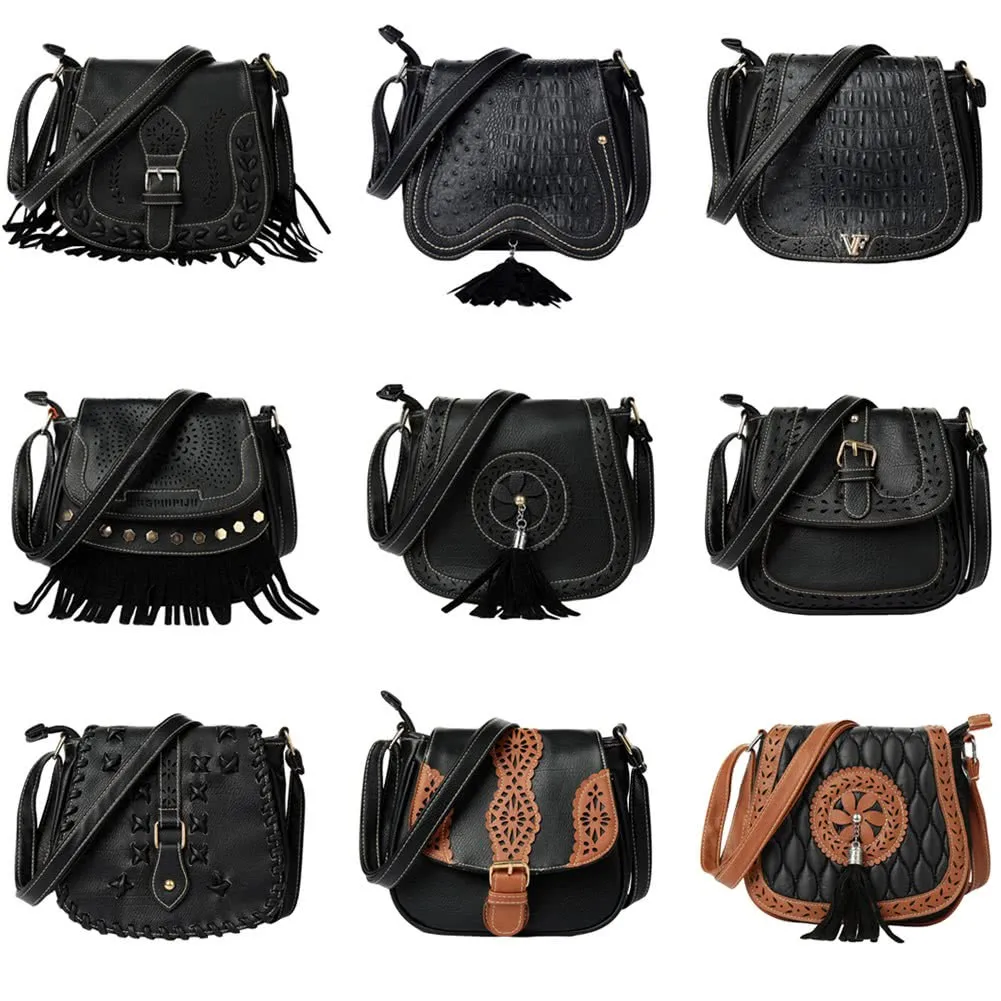 

New Women PU Crossbody Bag Tassel Hollow Out Cover Zipper Casual Vintage Small Shoulder Bags Black