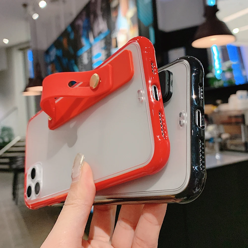 

Shockproof Bumper Wristband Phone Case For iPhone 11Pro Max X XR XS Max 8 7 6 6S Plus Transparent Wrist strap stand Back Cover