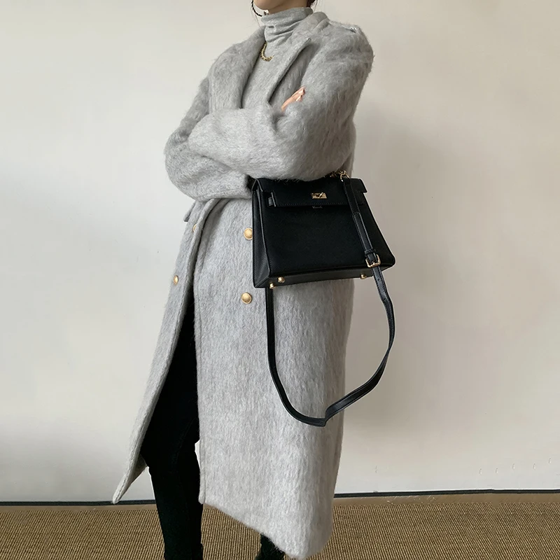 

Double Loose Fit Breasted Gray Woolen Coat Parkas New Notched Collar Long Sleeve Women Fashion Autumn Winter 2021 1DD4073
