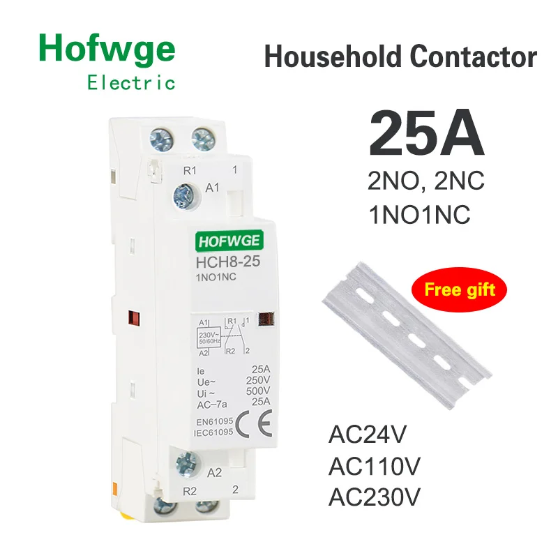 

HCH8-25 бытовой модульный контактор 2P 16A 20A 25A 2NO или 2NC или 1NO1NC 220V автоматический бытовой контактор типа Din-рейка