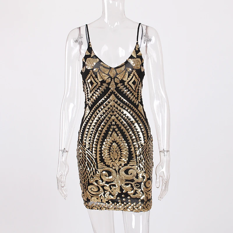 Сексуальное мини платье с открытой спиной и золотыми блестками без рукавов