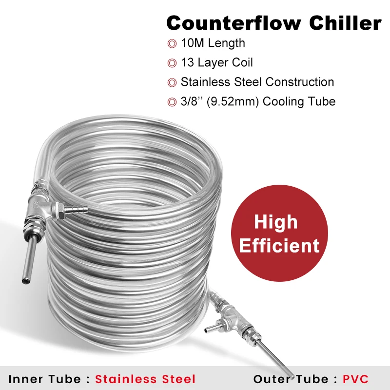 Counterflow Wort Chiller, 3/8'' x 10M Stainless Steel Cooling Tube Super Effective Heat Exchanger Homebrew Beer Cooler Coil Tube