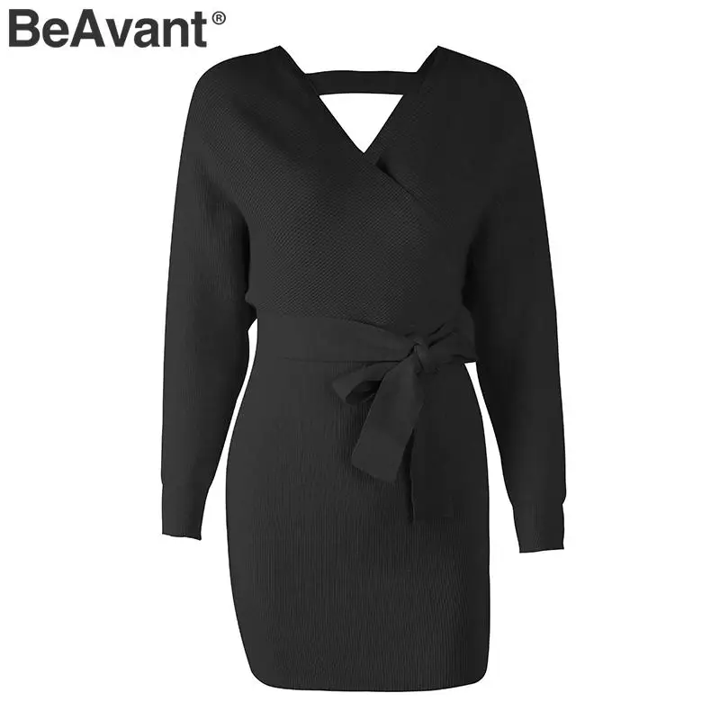 BeAvant, сексуальное женское платье-свитер с v-образным вырезом, платье с высокой талией и поясом, вязаное платье, элегантное женское осеннее зимнее винтажное короткое платье - Цвет: Черный