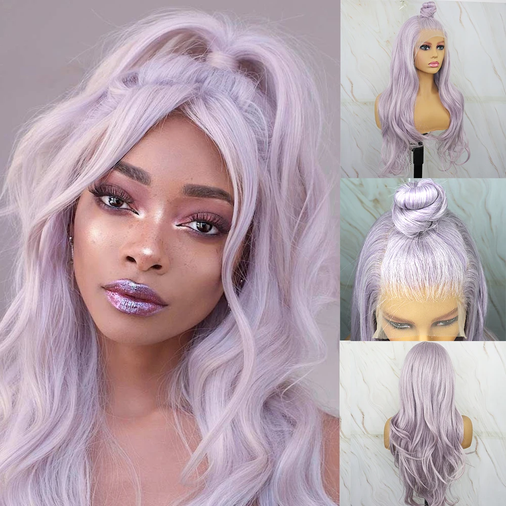 BlueBird Long Wavy White Highlights Purple Wigs 13X4inch Futura Hair Heat Resistant Synthetic Lace Front Wigs For Black Women