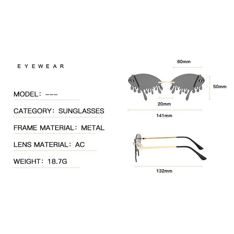 

New Retro Personality Party Rimless Tears Sunglasses Men Women Fashion Luxury Outdoor Sports street Shooting glasses