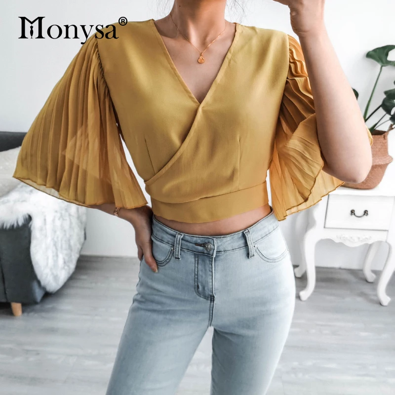 Женский плиссированный укороченный топ с расклешенными рукавами летняя модная