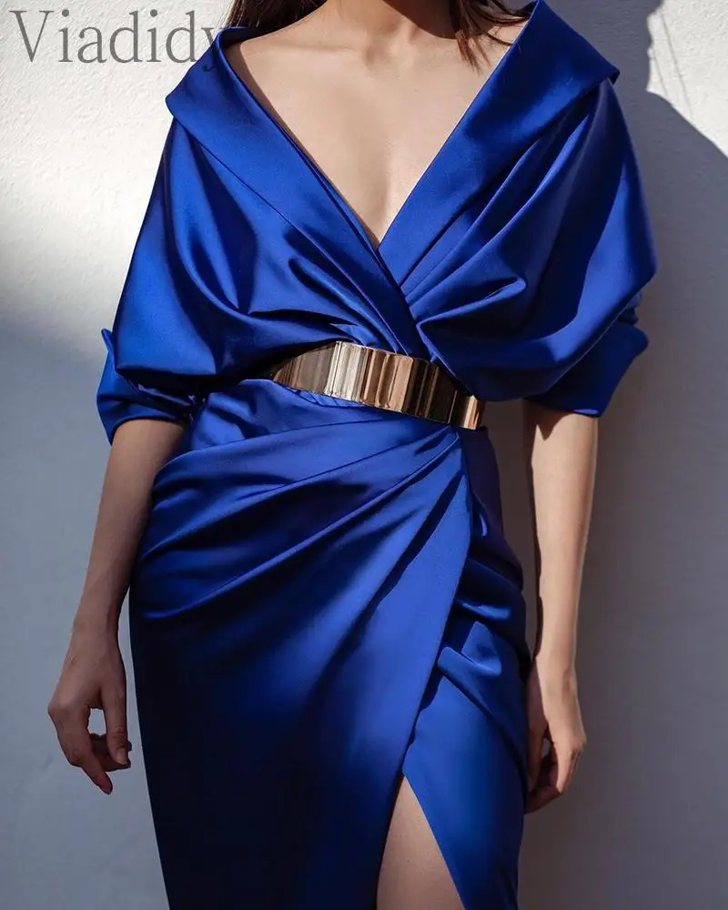 

Blue Ruched Satin V-Neck Party Dress