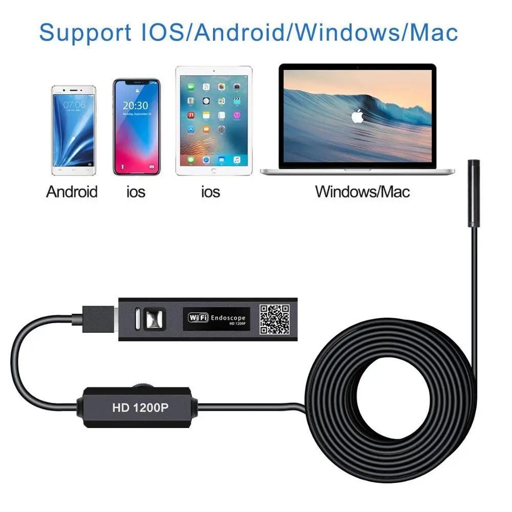 

Wifi Endoscope Camera 1200P 8mm Lens LED Lights ip67 Wireless Car Inspection Borescope Snake Camera for Android iPhone Pad PC