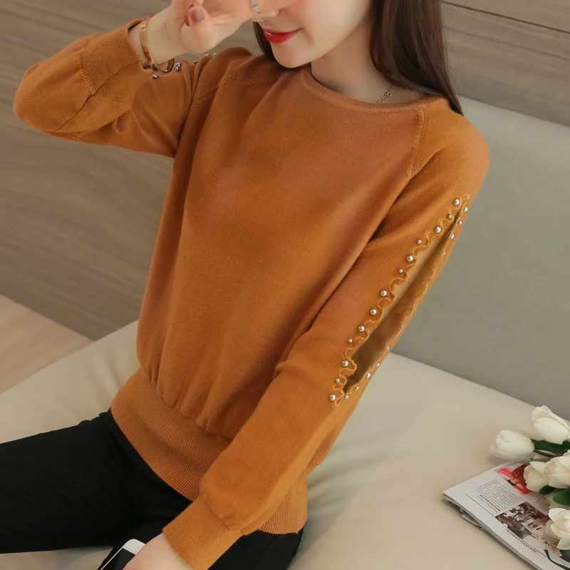 caramel 4 Женские свитера и пуловеры Ohclothing, осенне-зимний свитер, универсальные свободные свитера, женские одноцветные рубашки с бисером - Цвет: caramel 4