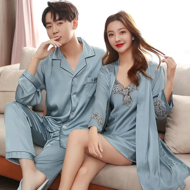 

Men Stain Silk Pajama Set Men's Sleepwears Men Sexy Soft Homme Cozy Satin Nightgown Couples Lounge Pajama Nightwear Home Lovers