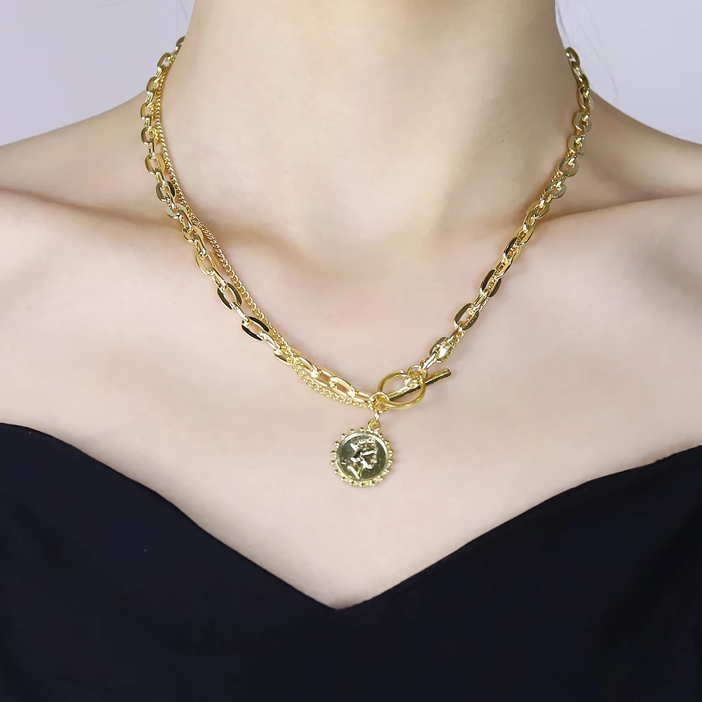 

Инс холодный ветер красота голова Двухслойное ожерелье женский прилив простая металлическая цепь монета кулон ключица цепь Панк ювелирные...