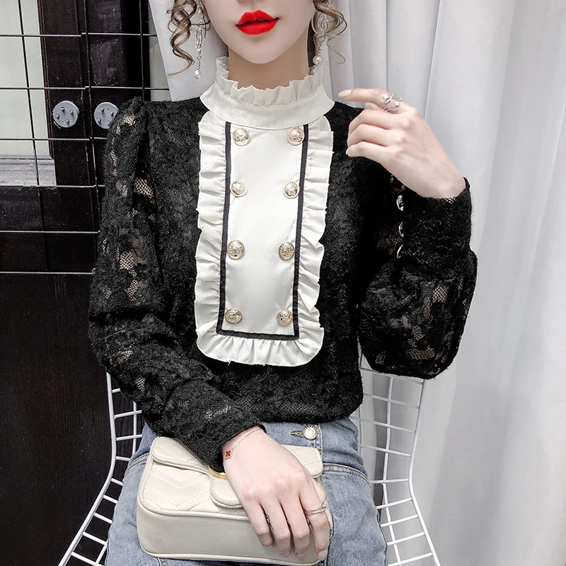 

Vintage Women's Lolita Shirt Steampunk Gothic Lace Ruffle High Neck Blouse Tuxedo Shirts Blusas Office Party Club Palace Shirt
