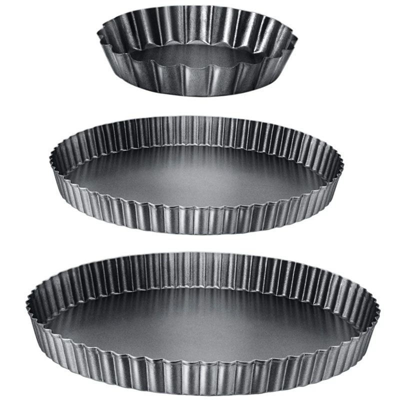 

3Pieces Round Tart Pan Bakeware Round Tart Carbon Steel Quiche Pan with Removable Bottom for Oven Baking(4/8/9Inch)
