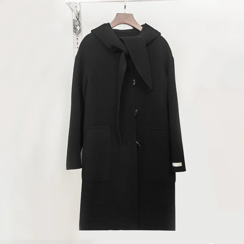 

2021 Spring Women High End Handmade Pink Long Hooded Woolen Coat Single Breasted Loose Plus Size 90% Wool Overcoat Jacket