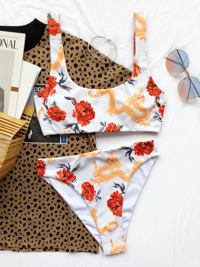 

Summer New Women Printed Scoop Neck High Cut Padded Swimwear Push Up Swimsuit Two Piece Bathing Suits