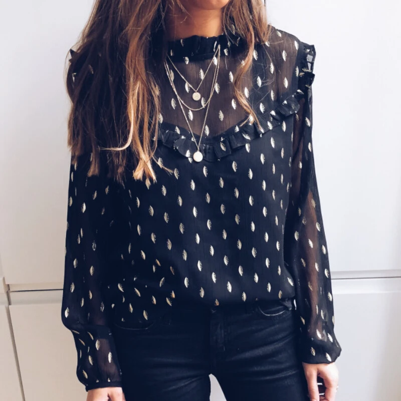 Loose Chiffon Black Blouse Women Long Sleeve Polka Dot Tops Tee Shirt Femme Ladies Transparent High Neck Kimono Shirts | Женская одежда