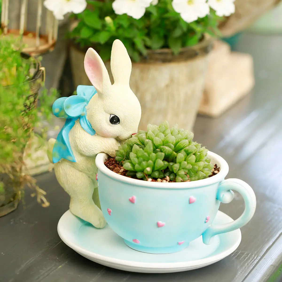 Pastoral Creative Cute Teacup Bunny Succulents Flowerpot Resin Ornaments Garden Park Villa Figurines Crafts Balcony Decoration