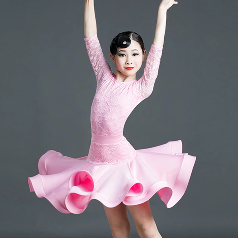 

Женское платье для латиноамериканских танцев, розовое кружевное платье с разрезом для соревнований, одежда для танго, румбы, ча-ча, самбы, де...