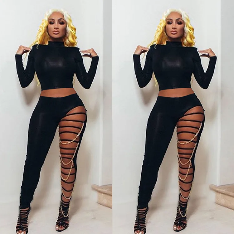 

Women Fitness Two Piece Matching Set Black Turtleneck Long Sleeve Slim Fit Crop Top+hollow Out Pencil Legging Co Ord Outfits