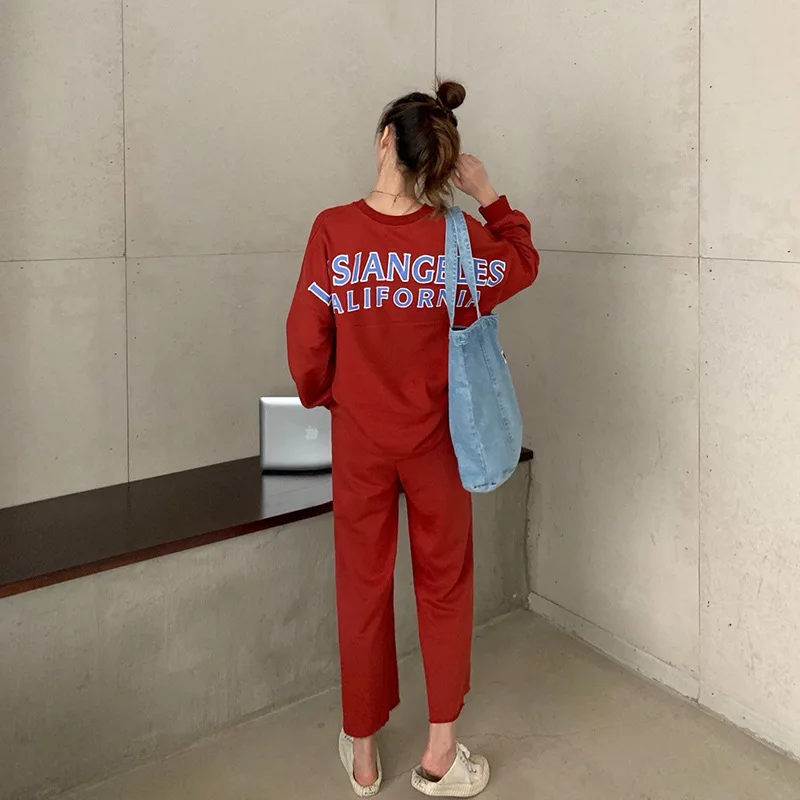 Women's Sportswear Casual Sweatshirt Suit 2021 Spring New Solid Color Sweater Loose Wide-leg Pants Two-piece Unisex Couple Suit