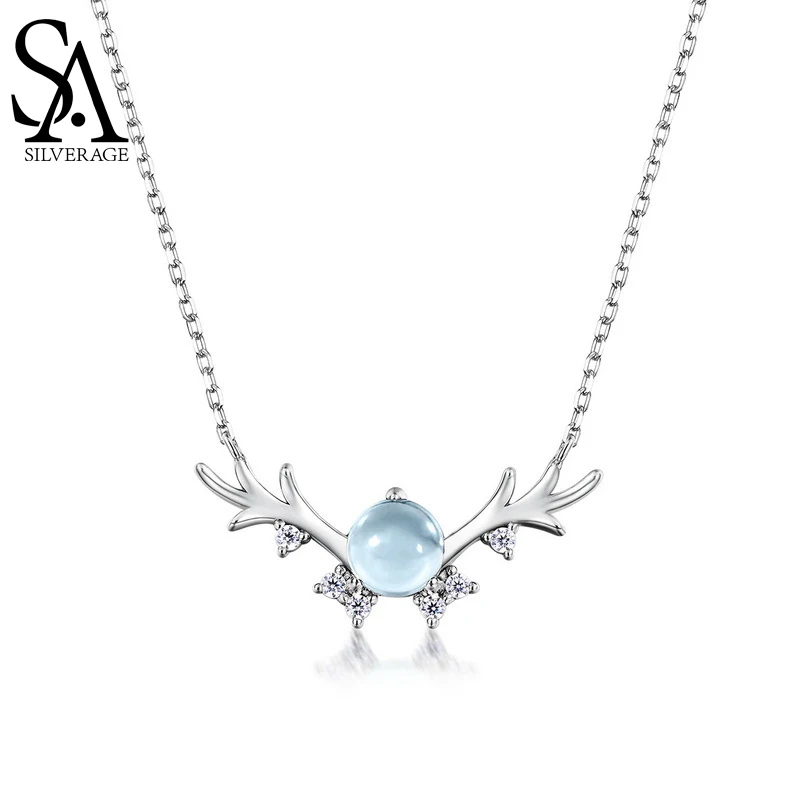 SA SILVERAGE Fresh Sky Blue Topaz Silver Deer Necklace Female Mori Female Deer Has Your S925 Silver Necklace Jewerly 2021
