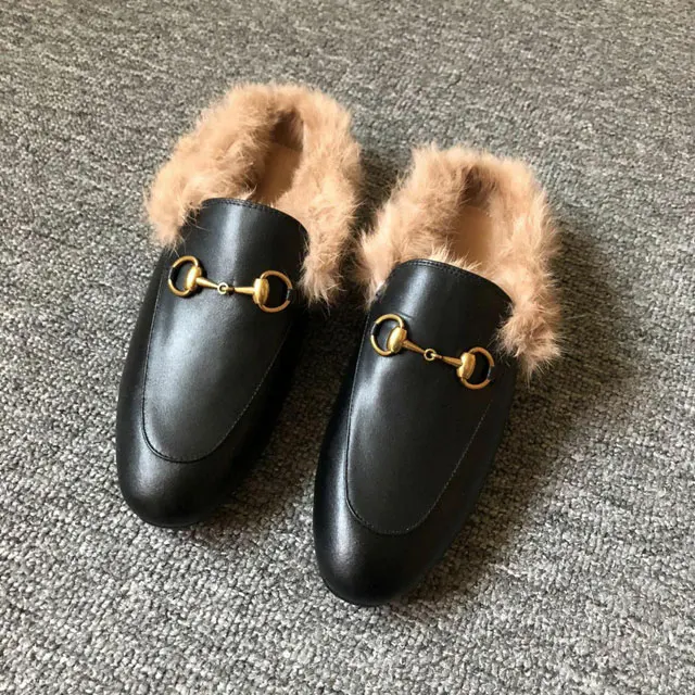 Fur Black Leather VISI HOP/ г.; модные Настоящий мех кролика; Шлепанцы из натуральной кожи; женские пушистые тапочки; зимняя теплая обувь - Цвет: Fur Black Leather