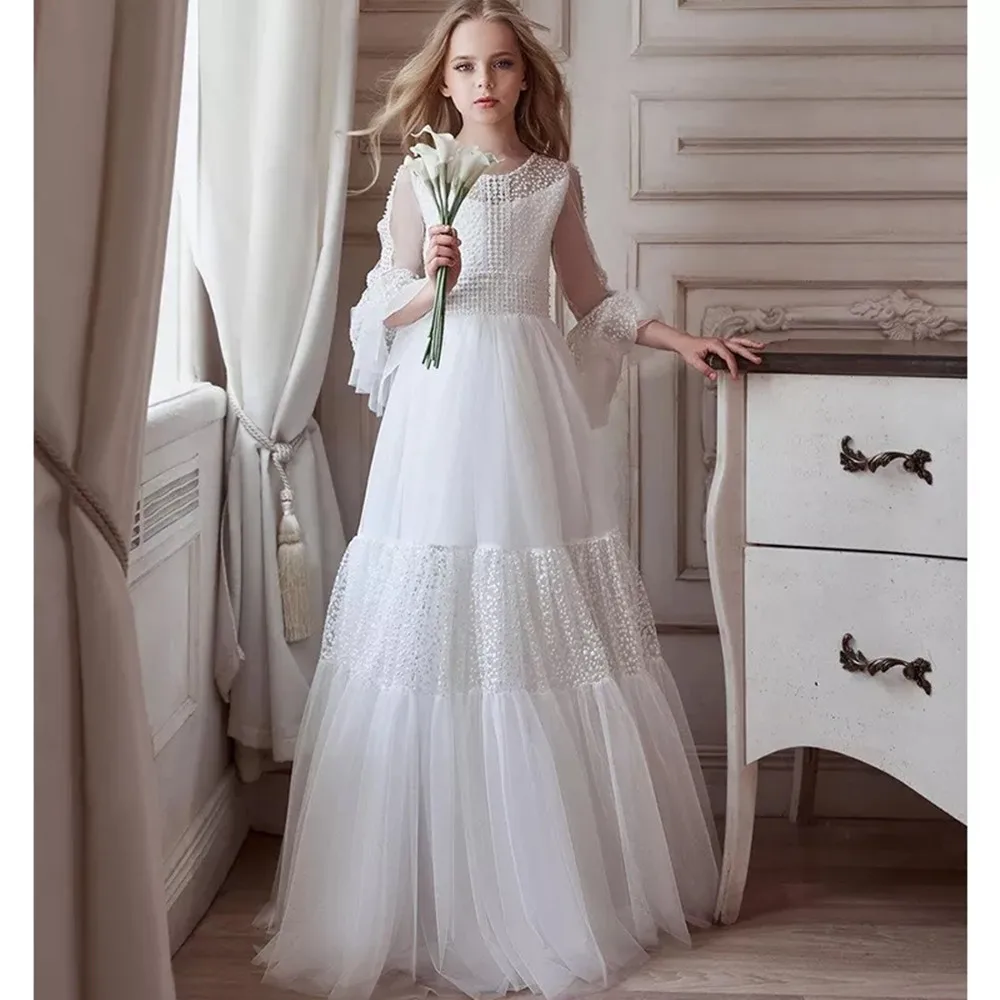 

Long Sleeve Chic Flower Girl Dresses For Wedding Lace A Line Kids Pageant Gowns Floor Length First Communion Dress