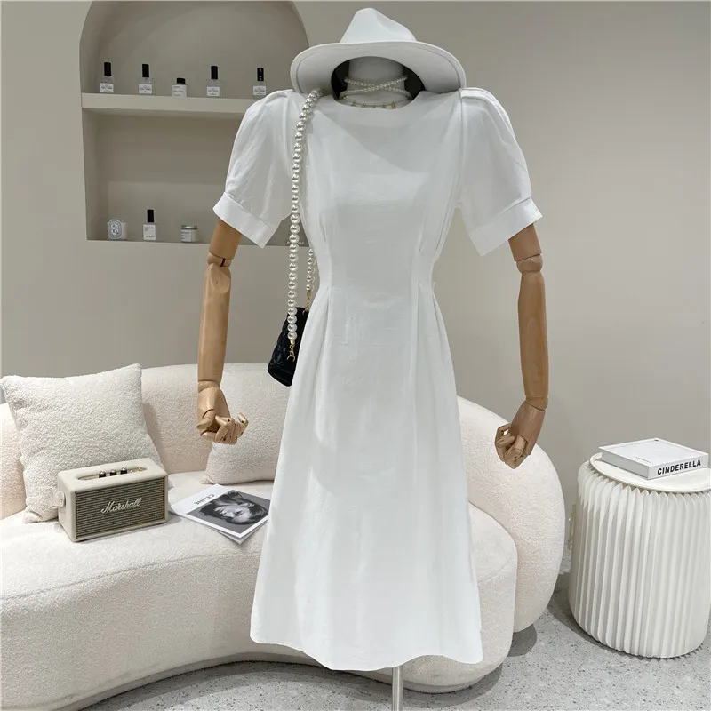 

Women's Spring Summer 2021 Fashion Temperament lace up Simple Bubble sleeve round neck A-line Dress