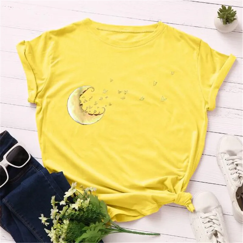 

Summer Women T Shirt Plus Size S-5XL Cotton Creative Moon Print Female Short Sleeve Simple Tshirts Casual Fashion Tops Tees