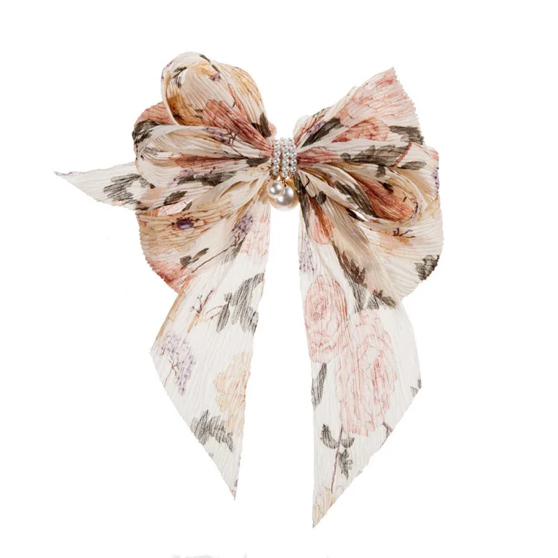 

High Quality Chiffon Pearl Bow Fashion Hairpin Elegant Woman Scrunchie Spring Hairpin Headdress Hairpin Accessories Ornaments
