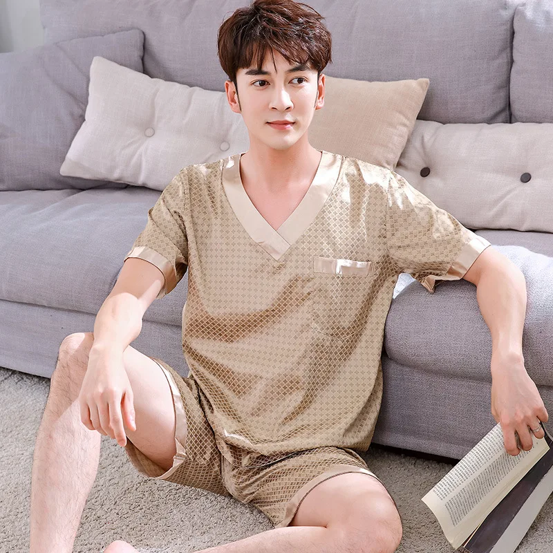 Men's ice silk pajamas set high quality casual printing fashion thin breathable V-neck short-sleeved shorts home service 2021