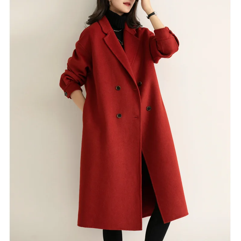 

Double Sided Cashmere Wool Coat Medium Long Women's 2021 New Autumn Winter Fashion Large Doublebreasted Blends Simple Tweed Coat