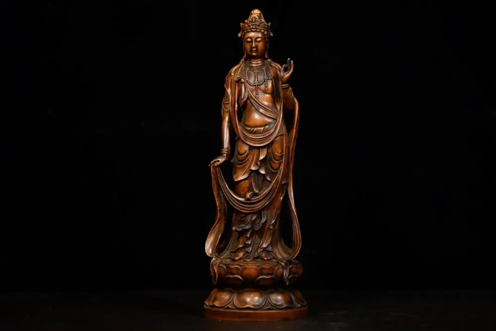 

7"Tibet Temple Collection Boxwood Guanyin Bodhisattva Statue Avalokitesvara Buddha Statue Amitabha Buddha Statue