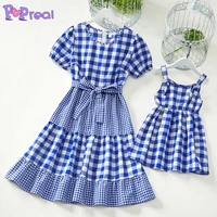 popreal summer fashion family dress mother kids dress belt plaid patchwork family matching outfits mom and daughter skirt