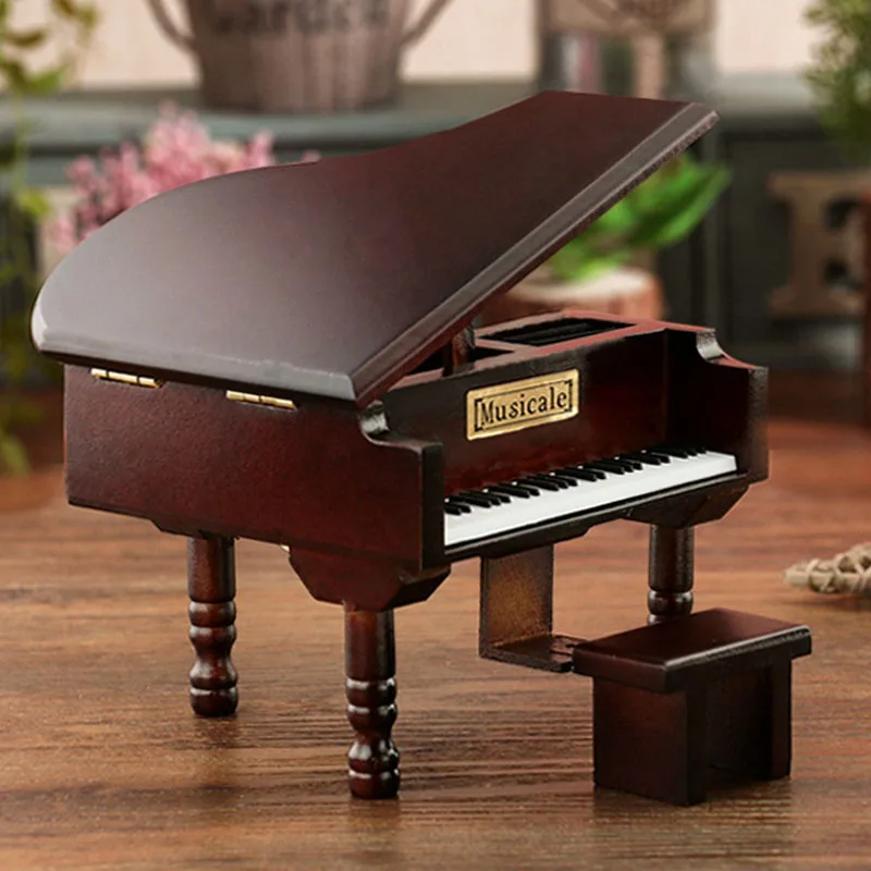 Деревянный большой рояль в форме скамейки музыкальная шкатулка винного цвета
