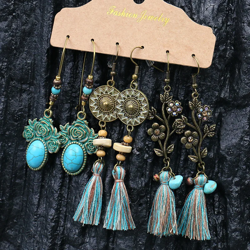3 пар/уп. Винтажные серьги кисточки в богемном стиле набор античная бронза