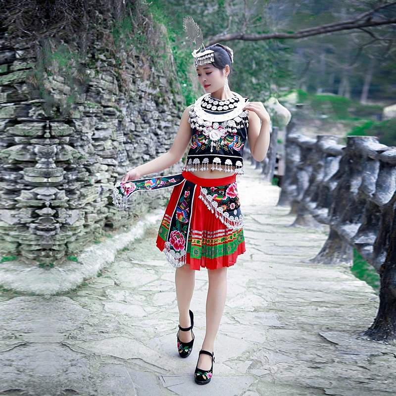 Hmong Clothes Spring Summer Ethnic Style Embroidery Short Pleated Skirt Miao Silver Hat Photography Stage Dance Clothing | Тематическая