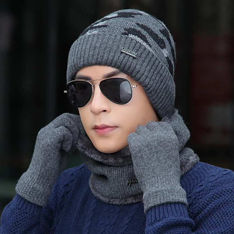 Зимняя вязаная шапка шарф Набор мужские однотонные теплые шарфы с капюшоном