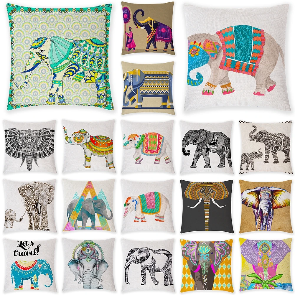 

Indian Ethnic Elephant Cartoon Style Cotton Linen Square Throw Pillow Case Living Room Sofa Cushion Cover 45x45 Home Decor