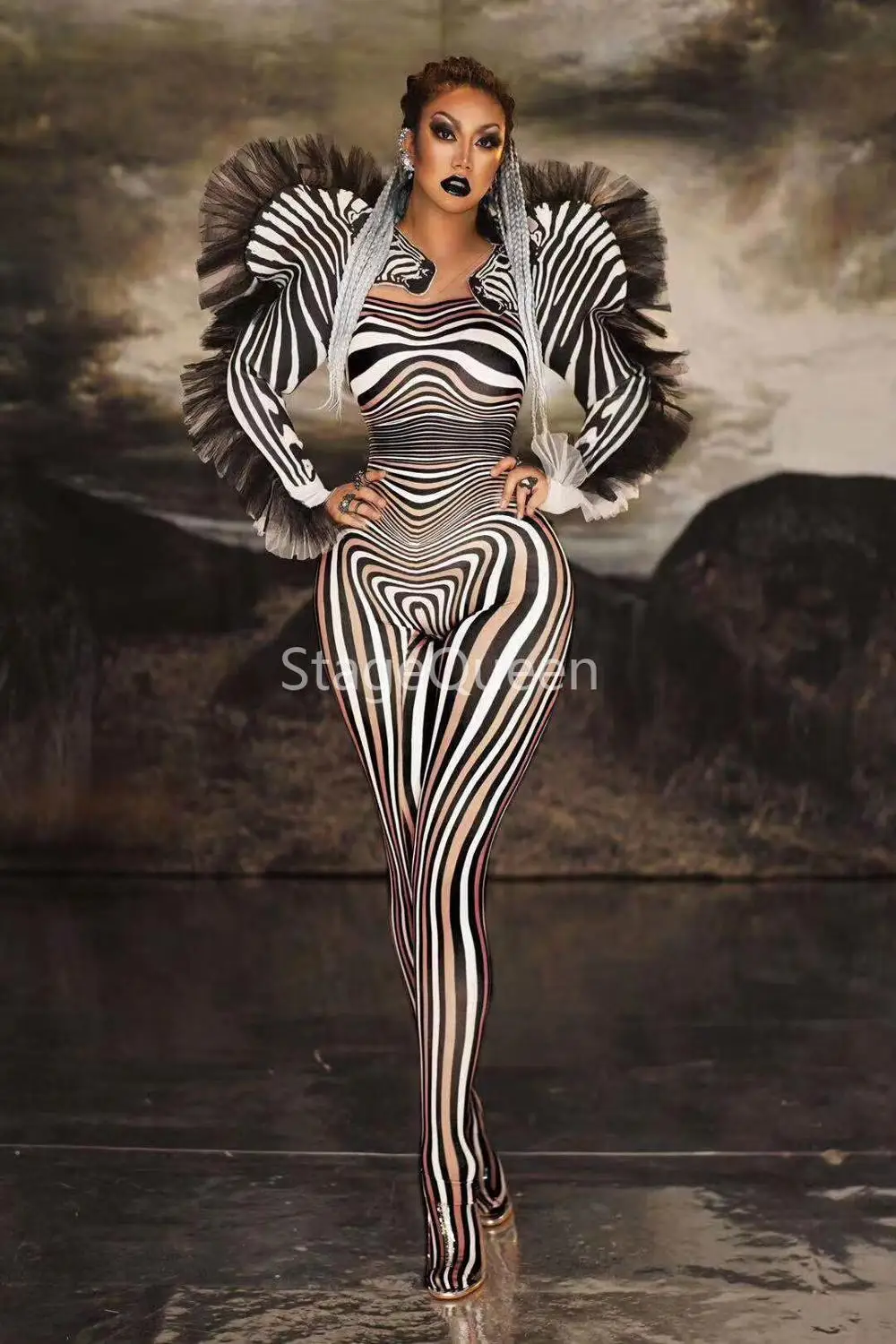 Sexy Stage Zebra Pattern Jumpsuit Women Singer Sexy Stage Outfit Bar DS Dance Cosplay Bodysuit Costume Prom Costume