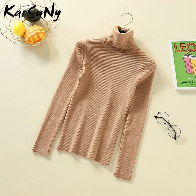 Khaki KarSaNy, осенне-зимний женский вязаный свитер с высоким воротом, пуловер с длинным рукавом, джемпер с высоким воротником, женский свитер с высоким воротником, водолазка - Цвет: Khaki