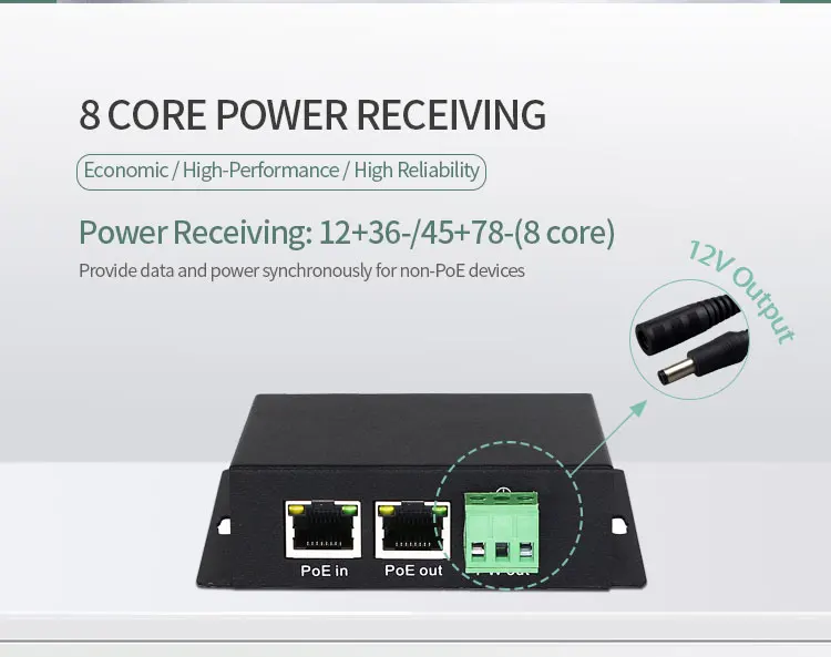 Промышленный Isplated PoE Gigabit Spliter высокой мощности 90 Вт 12 В Выходное напряжение POE Модуль питания POE переключатель