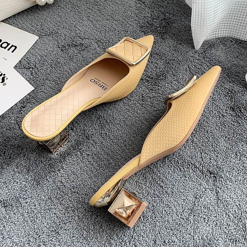 

2021 New Summer Office Lady High Heel Pointed Mules Fashion Sexy Woven Woman Shoes Slippers Female Slides Square Heels mujer