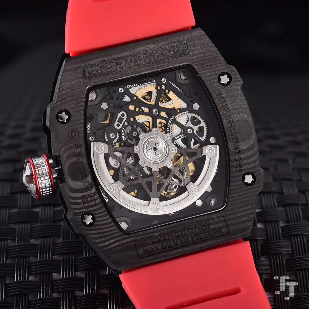

New Men Automatic Mechanical Red Black Canvas Rubber Bracelet Watch Tourbillion Limited Sapphire Carbon Fiber Swing 28800