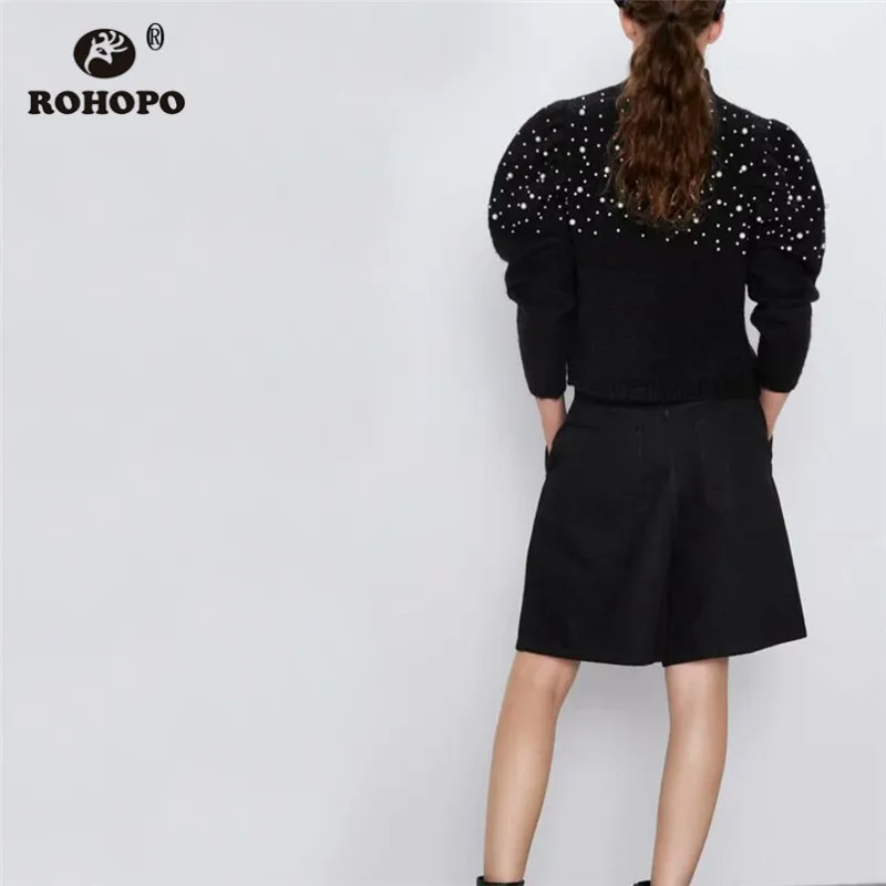 ROHOPO Semi High Collar Beading Pearl Solid Sweater Long Sleeve Autumn/Winter Pullover Knitted Tops Outwear #9736 | Женская одежда