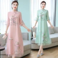 hot sale chinese national style embroidery elegant beautiful cheongsam long skirt ladies dress yf352